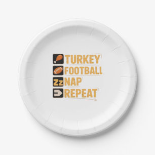 Happy Thanksgiving Turkey Football Nap Repeat Funn Paper Plate