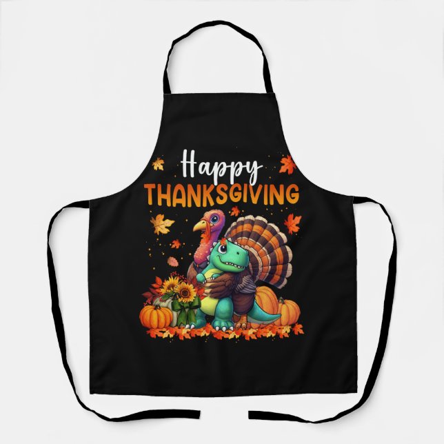 Happy Thanksgiving Turkey Hugging Dinosaur Friends Apron (Front)