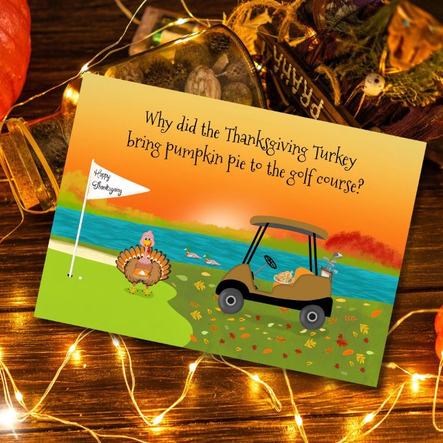 Happy Thanksgiving Turkey on Golf Course With Pie  Card (Creator Uploaded)