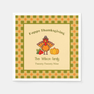 Happy Thanksgiving Turkey Pumpkin Gingham Pattern Napkin
