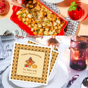 Happy Thanksgiving Turkey Pumpkin Gingham Pattern  Napkin