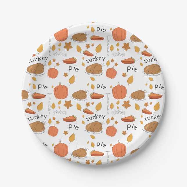 Happy Thanksgiving Turkey & Pumpkin Pie Paper Plate (Front)