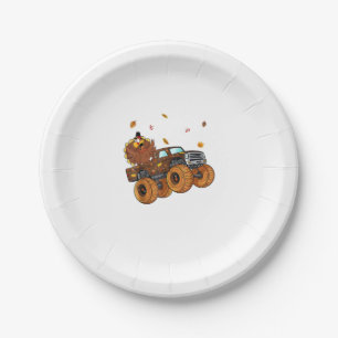 Happy Thanksgiving Turkey Riding Monster Truck Boy Paper Plate
