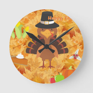 happy thanksgiving turkey round clock