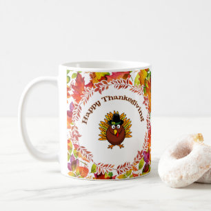 Happy Thanksgiving Turkey surrounded Fall Leaves Coffee Mug