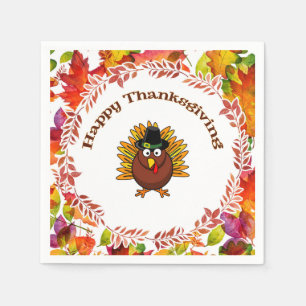 Happy Thanksgiving Turkey surrounded Fall Leaves Napkin
