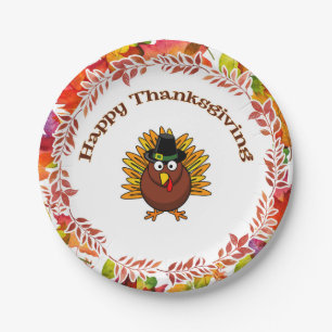 Happy Thanksgiving Turkey surrounded Fall Leaves Paper Plate