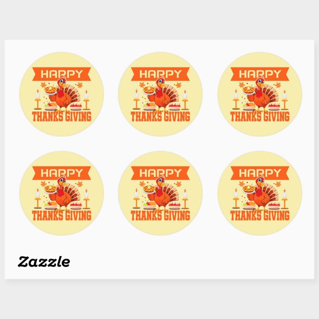 Happy Thanksgiving Turkey with Pie Classic Round Sticker (Sheet)