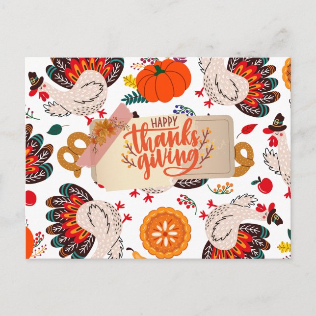 Happy Thanksgiving Turkeys and Pumpkins  Holiday Postcard (Front)