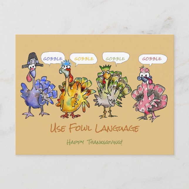 Happy Thanksgiving Turkeys Fowl Language Holiday Postcard (Front)