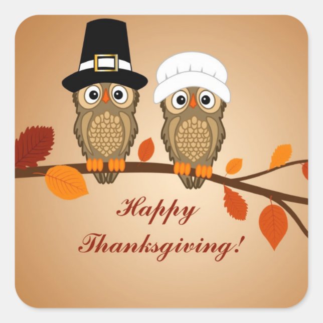 happy thanksgiving two cute owls square sticker (Front)