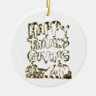 Happy Thanksgiving Typography Gold Harvest Pumpkin Ceramic Ornament