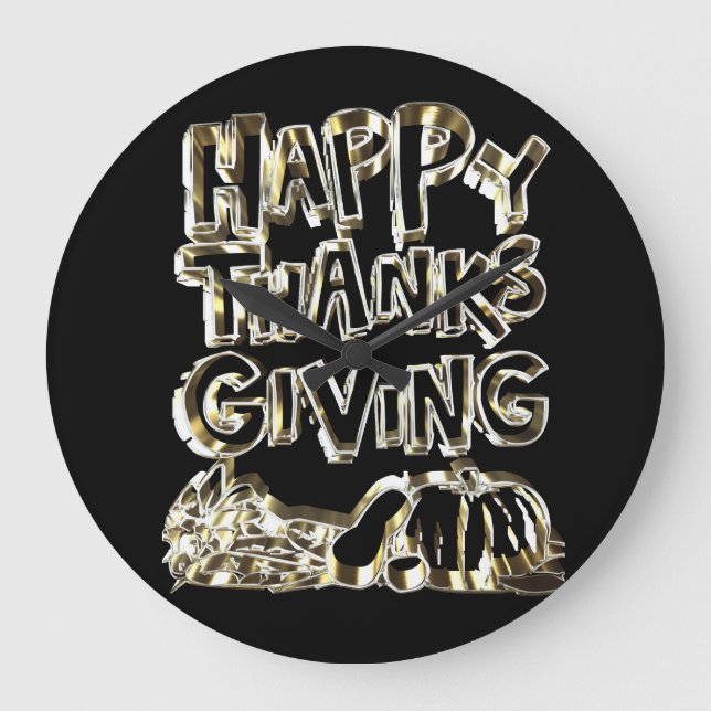 Happy Thanksgiving Typography Gold Harvest Pumpkin Large Clock (Front)