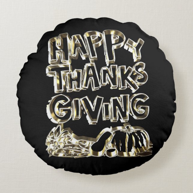 Happy Thanksgiving Typography Gold Harvest Pumpkin Round Pillow (Front)