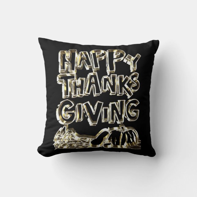 Happy Thanksgiving Typography Gold Harvest Pumpkin Throw Pillow (Front)