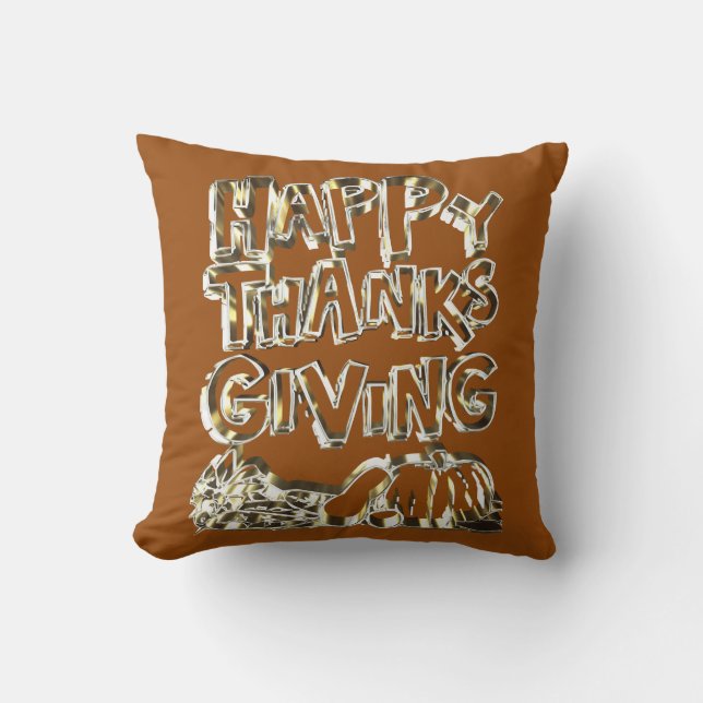 Happy Thanksgiving Typography Gold Harvest Pumpkin Throw Pillow (Front)