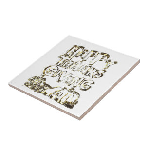 Happy Thanksgiving Typography Gold Harvest Pumpkin Tile