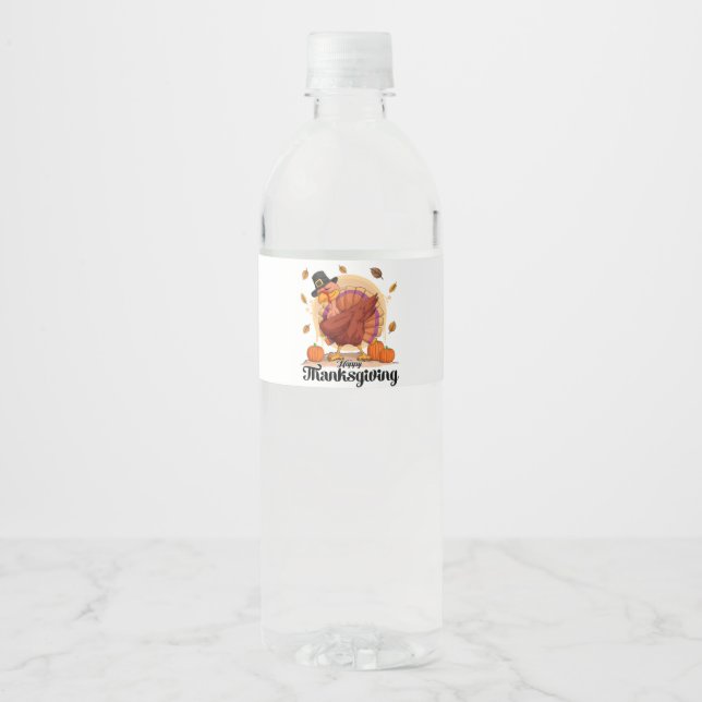 Happy Thanksgiving Typography Water Bottle Label  (Front)