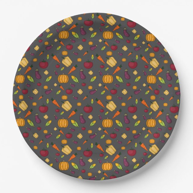 Happy thanksgiving  vegetables pattern grey paper plate (Front)