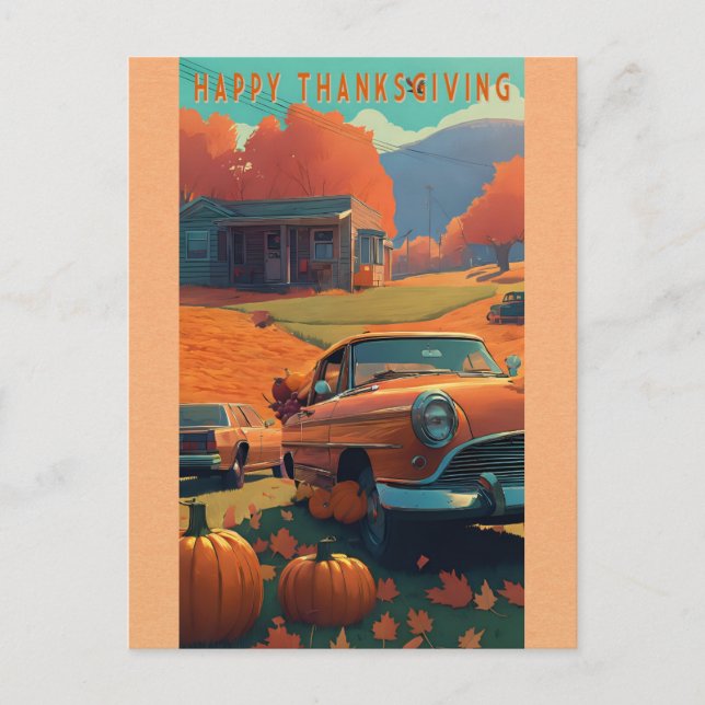 Happy Thanksgiving Vintage Car Orange Pumpkin Postcard (Front)