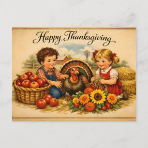 Happy Thanksgiving Vintage Children and Turkey Holiday Postcard