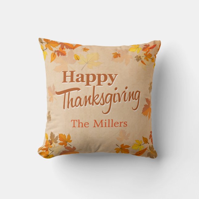 Happy Thanksgiving Vintage Rustic Autumn Leaves Throw Pillow (Front)