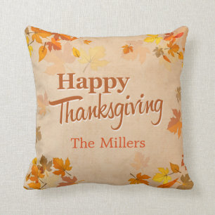 Happy Thanksgiving Vintage Rustic Autumn Leaves Throw Pillow