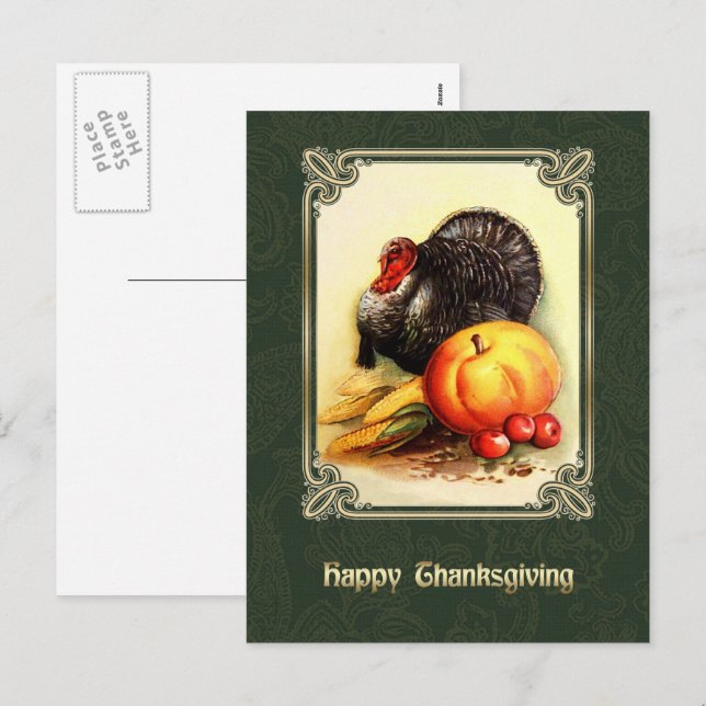 Happy Thanksgiving. Vintage Turkey and Pumpkin Holiday Postcard (Front/Back)