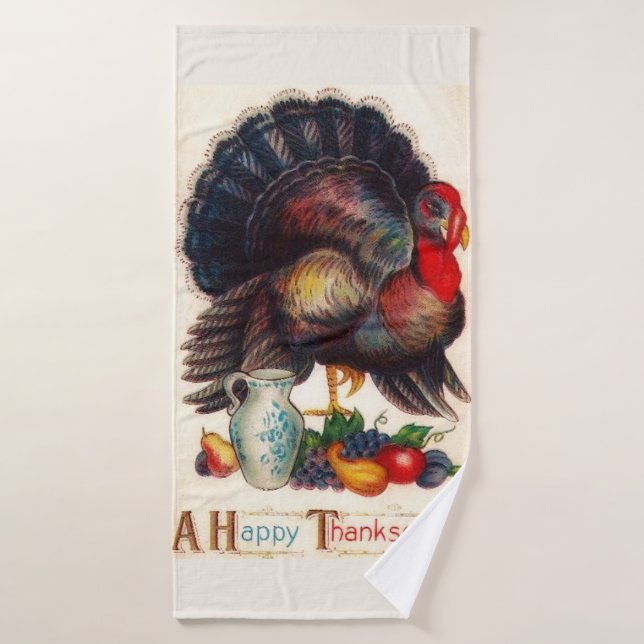 Happy Thanksgiving Vintage Turkey Bath Towel (Bath Towel)
