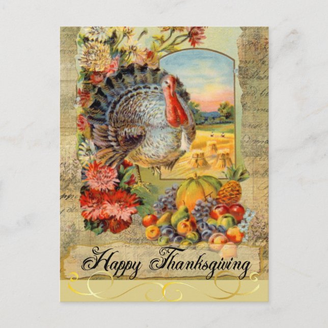 Happy Thanksgiving Vintage Turkey, Fruit, Flowers Holiday Postcard (Front)