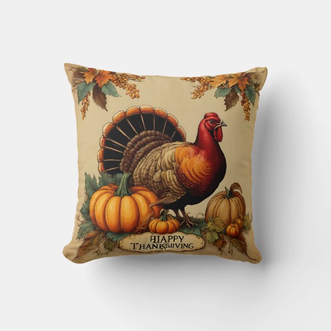 Happy Thanksgiving Vintage Turkey, Pumpkins  Throw Pillow (Front)