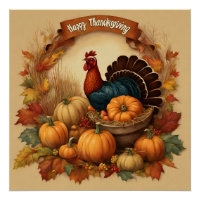 Happy Thanksgiving Vintage Turkey with Pumpkins 