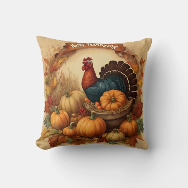 Happy Thanksgiving Vintage Turkey with Pumpkins  Throw Pillow (Front)