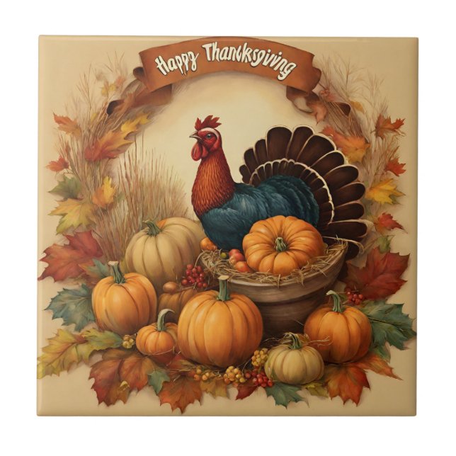 Happy Thanksgiving Vintage Turkey with Pumpkins  Tile (Front)