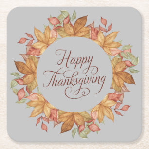 Happy Thanksgiving Watercolor Autumn Leaves  Square Paper Coaster