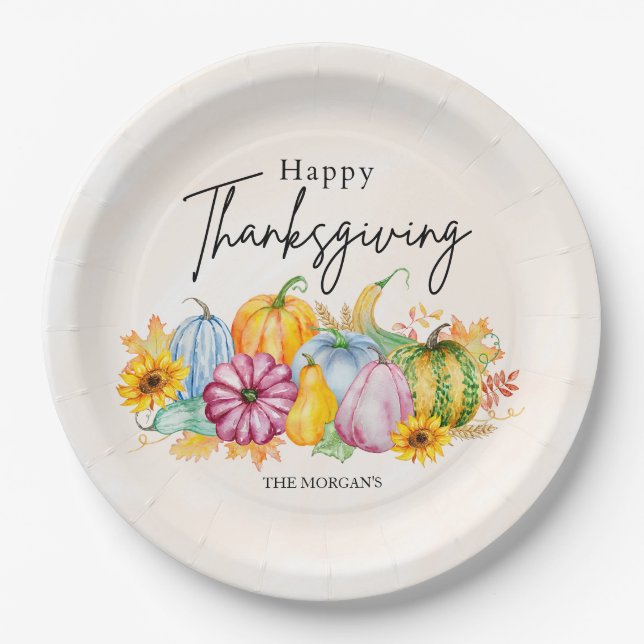 Happy Thanksgiving Watercolor Autumn Pumpkin  Paper Plate (Front)