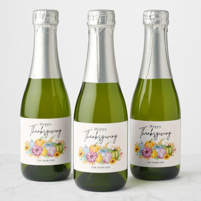 Happy Thanksgiving Watercolor Autumn Pumpkin Sparkling Wine Label (Bottles)