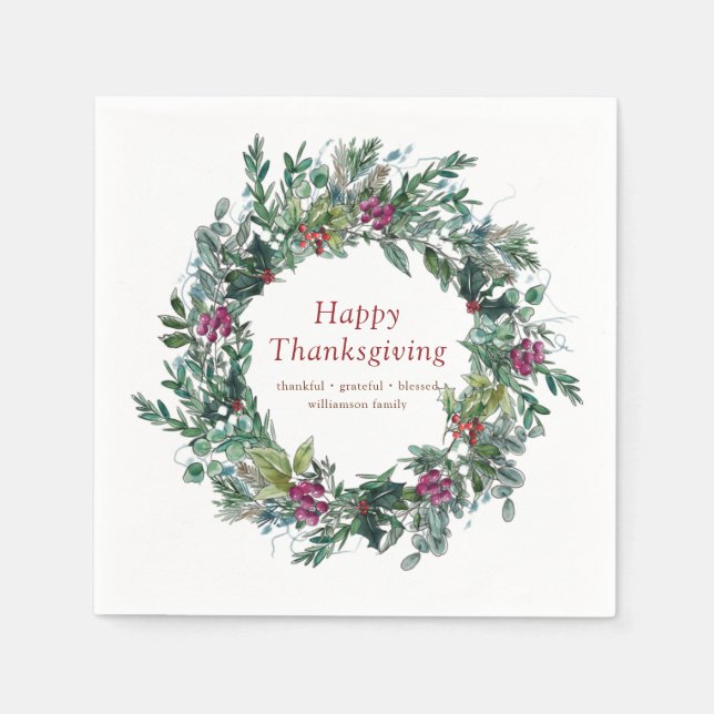 Happy Thanksgiving Watercolor Autumn Wreath Napkin (Front)