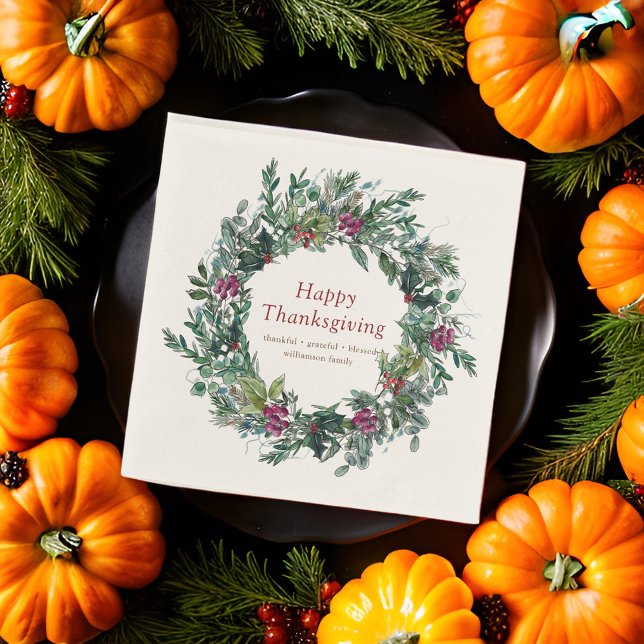 Happy Thanksgiving Watercolor Autumn Wreath Napkin (Creator Uploaded)