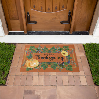 Happy Thanksgiving Watercolor Eucalyptus, Pumpkin Doormat