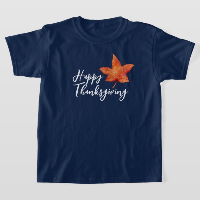 Happy Thanksgiving Watercolor Fall Maple Leaf Kids T-Shirt (Laydown)