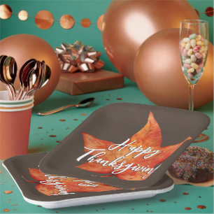 Happy Thanksgiving Watercolor Fall Maple Leaf Paper Plate