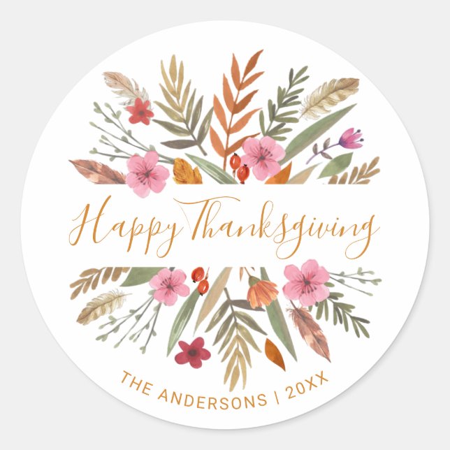 HAPPY THANKSGIVING WATERCOLOR FESTIVE FALL FOLIAGE CLASSIC ROUND STICKER (Front)