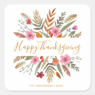 HAPPY THANKSGIVING WATERCOLOR FESTIVE FALL FOLIAGE SQUARE STICKER