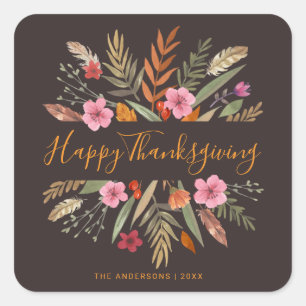 HAPPY THANKSGIVING WATERCOLOR FESTIVE FALL FOLIAGE SQUARE STICKER