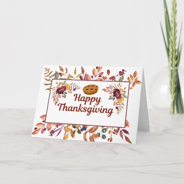 Happy Thanksgiving Watercolor Leaves, Berries Holiday Card (Front)