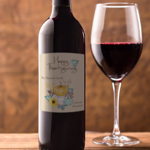 Happy Thanksgiving Watercolor Pretty Pumpkin Wine Label