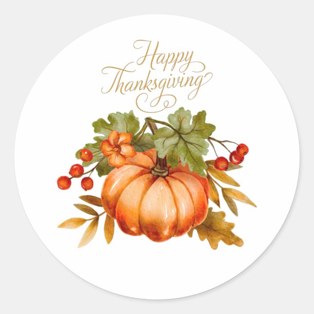 Happy Thanksgiving Watercolor Pumpkin and Berries  Classic Round Sticker (Front)