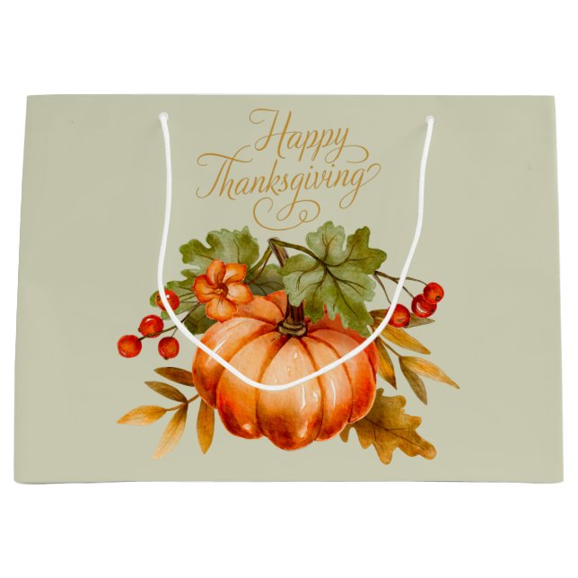 Happy Thanksgiving Watercolor Pumpkin and Berries  Large Gift Bag (Front)
