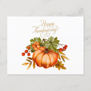 Happy Thanksgiving Watercolor Pumpkin and Berries Postcard
